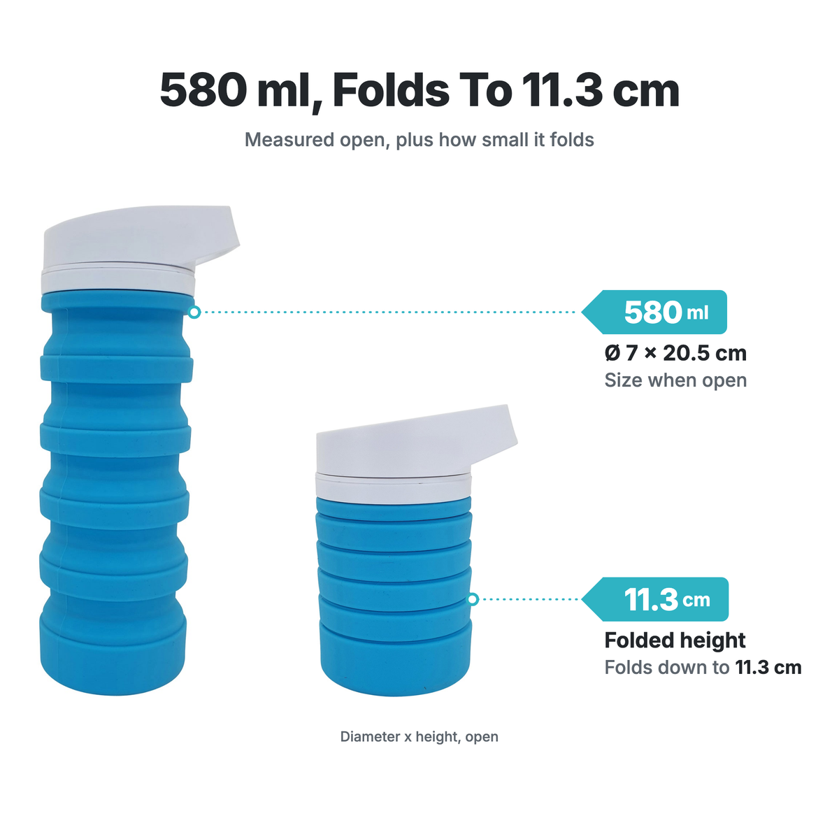 Sizes of the Flat Stacks Water Bottle - 580ml: capacity, open size and how flat each one folds