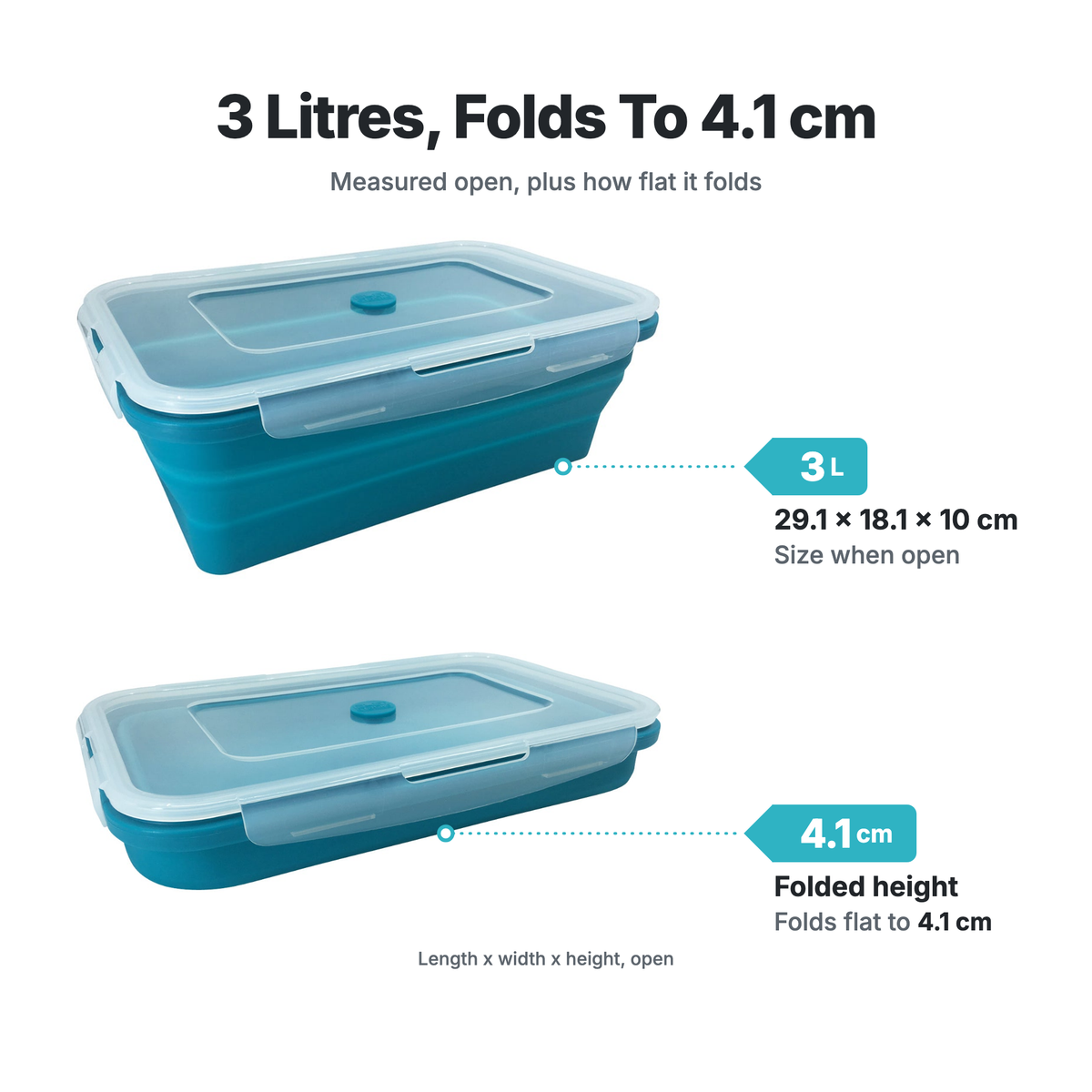 Sizes of the Rectangle Silicone Food Container 3L: capacity, open size and how flat each one folds