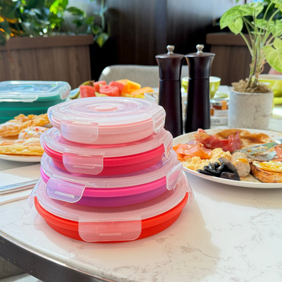 Kitchen Essentials Pack – Round Sunset stacked at a lunch table