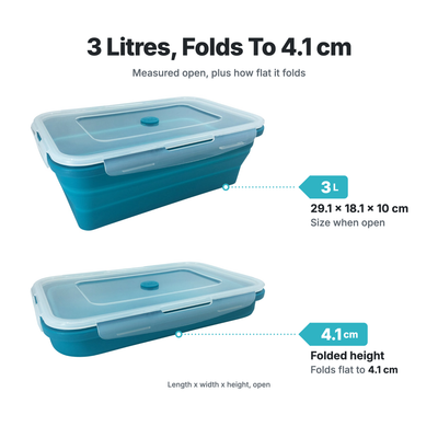 Sizes of the Rectangle Silicone Food Container 3L: capacity, open size and how flat each one folds