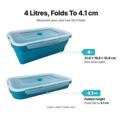 Sizes of the Rectangle Silicone Food Container 4L: capacity, open size and how flat each one folds