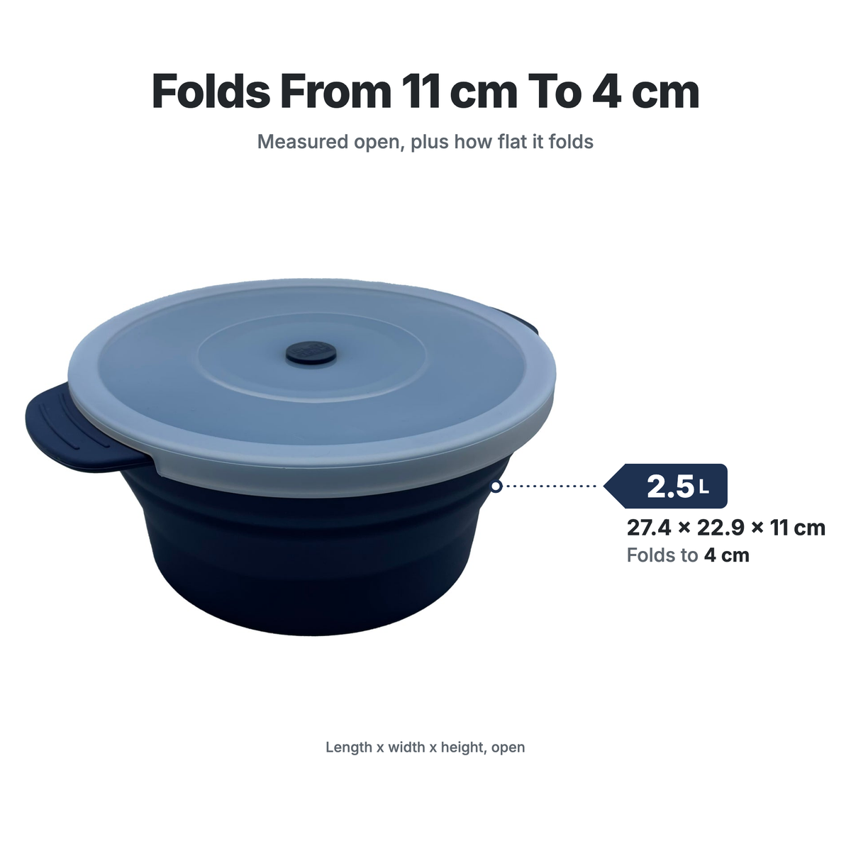Sizes of the Medium Round Ovenware: capacity, open size and how flat each one folds