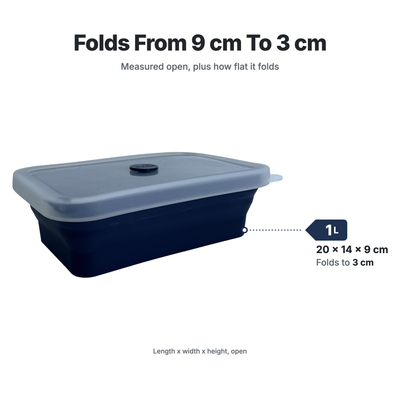 Sizes of the Air Fryer Rectangle Ovenware: capacity, open size and how flat each one folds