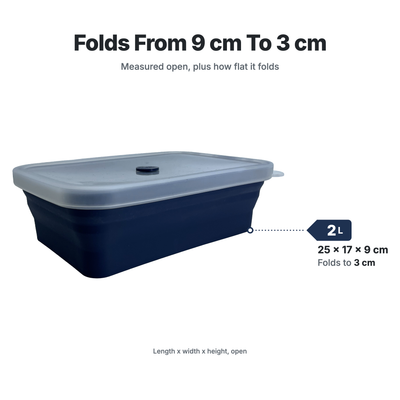 Sizes of the Medium Rectangle Ovenware: capacity, open size and how flat each one folds