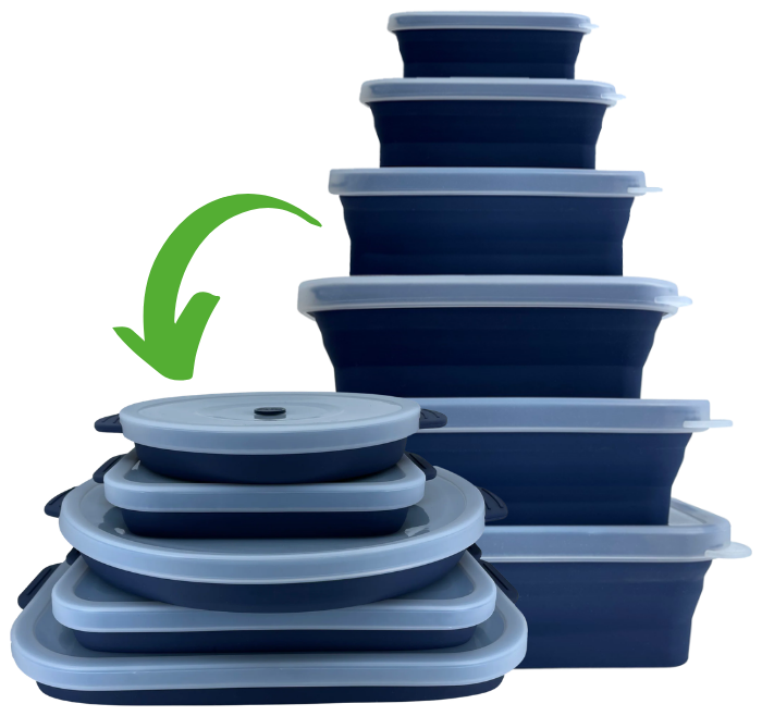 Flat Stacks navy ovenware stacked open, then folded flat in front